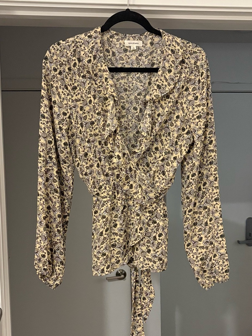 Max Studio Cream Floral Wrap Blouse with Black and Yellow Accents